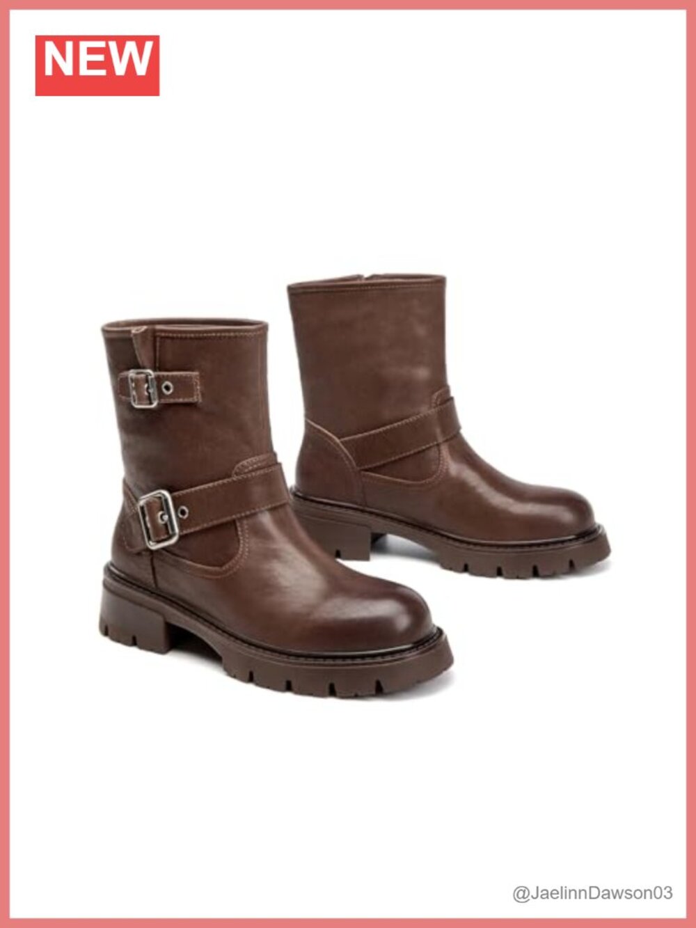 Leather Motorcycle Ankle Boots Buckle Round Toe Block Heel Women's Biker Boots
